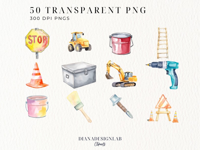 May include: Watercolor illustrations of construction tools and equipment, including a stop sign, a yellow tractor, a red paint bucket, a ladder, a traffic cone, a toolbox, an excavator, a drill, a paint bucket, a paintbrush, a rivet gun, and a construction sign. The text "50 TRANSPARENT PNG" is at the top.