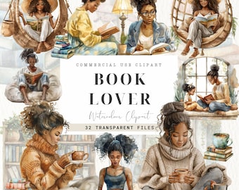 Mujer negra leyendo imágenes prediseñadas, libros, uso comercial, descarga digital, lectura de niña negra, amante de los libros de niña negra, marcadores imprimibles, cuidado personal