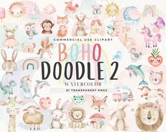 Boho Baby watercolor Clipart, Nursery Animal Clip Art, Newborn Boho Kid Doodle, Baby Shower PNG, Moon Child, Cute Animal, Sublimation Design