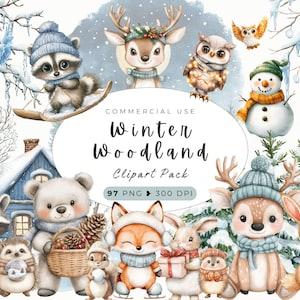 Clipart de floresta de inverno, bebês da floresta, aquarela de natal, país das maravilhas do inverno, arte de berçário, paisagens, floresta, inverno aconchegante, uso comercial
