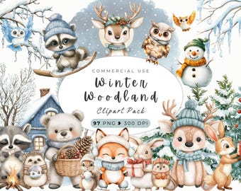 Winter Woodland Clipart, Woodland Babies, Watercolor Xmas Winter Wonderland, Nursery Art, Landscapes, Forest, Cozy Winter, Commercial Use