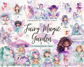 Op de afbeelding: Een set van 51 aquarel illustraties met feeën, paddenstoelen, bloemen en andere magische elementen. De illustraties zijn in tinten paars, roze en blauw en perfect om een vleugje whimsy toe te voegen aan elk project.