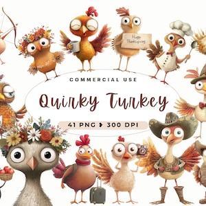 Imágenes prediseñadas de pavo peculiar, imágenes prediseñadas de Acción de Gracias, pavos divertidos, otoño acogedor, pájaros de acuarela, imprimibles, uso comercial, dibujos animados caprichosos