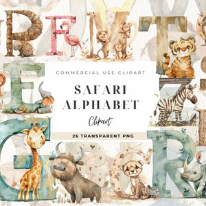 Imágenes prediseñadas del alfabeto de Safari, paquete de letras del alfabeto, imágenes prediseñadas de animales de la selva, letras de la selva, uso comercial, animales de la A a la Z, letras de garabato,