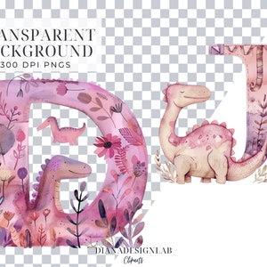 May include: Watercolor illustrations of the letters D and J with pink and purple dinosaurs and floral designs. The letters are in a pink and purple watercolor style with floral details. The dinosaurs are pink and purple with a watercolor effect.