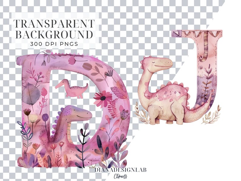 May include: Watercolor illustrations of the letters D and J with pink and purple dinosaurs and floral designs. The letters are in a pink and purple watercolor style with floral details. The dinosaurs are pink and purple with a watercolor effect.