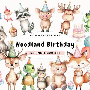 Clipart anniversaire animaux des bois, mignons animaux de la forêt, célébration, renard, chouette, usage commercial, décoration de chambre d'enfant fantaisiste, invitation à une fête d'anniversaire