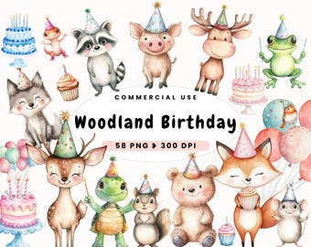 Woodland Animal Birthday Clipart, Cute Forest Animals, Celebration, Fox, Owl, Commercial Use, Whimsical Nursery Decor, Birthday Party Invite