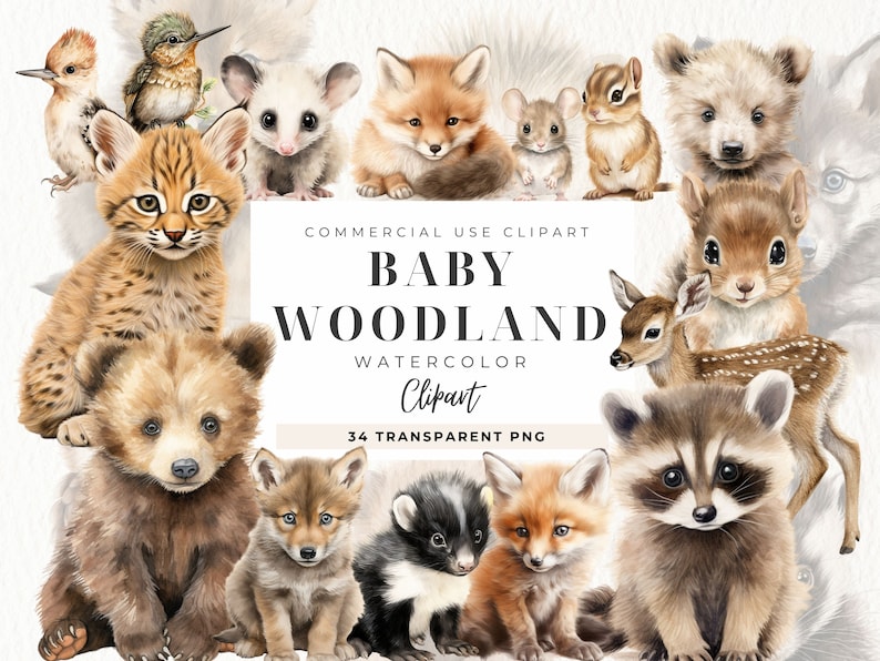 Watercolor Baby Woodland Animals Clipart, Nursery Clip Art, Fox, Bear ...