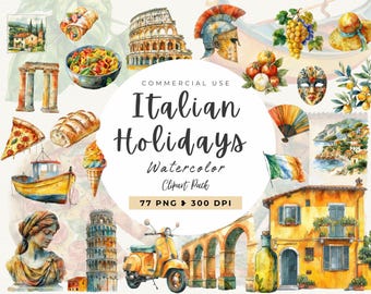 Italiensk sommar akvarell Clipart, Italiensk landskap, Amalfikusten (Kommersiellt bruk)