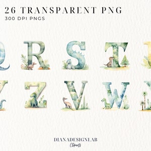 May include: Watercolor alphabet letters with dinosaur illustrations. Each letter is decorated with green and blue watercolor designs and a dinosaur. The letters are Q, R, S, T, U, Y, Z, V, W, and X.
