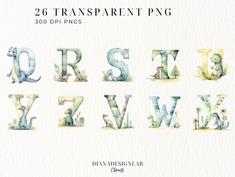 May include: Watercolor alphabet letters with dinosaur illustrations. Each letter is decorated with green and blue watercolor designs and a dinosaur. The letters are Q, R, S, T, U, Y, Z, V, W, and X.