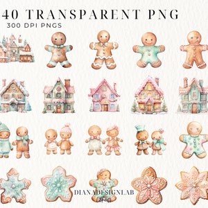 Pastel Gingerbread Clipart, Gingerbread House Clipart, Pink Christmas Clipart, Watercolor Xmas, Cookie Clip art, Instant Digital Download image 4