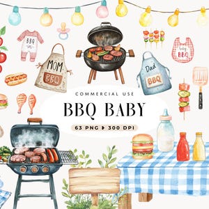 BBQ Baby Shower Clipart, Süßes Aquarell BBQ, digitale Einladungen, Grill & Chill, Barbeque Clipart, Essen, Sommer Camping, kommerzielle Nutzung