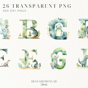 May include: Watercolor alphabet letters with dinosaur illustrations. Each letter is decorated with green, blue, and brown watercolor washes and features a dinosaur in a jungle setting.