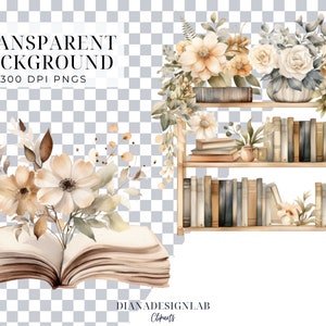 May include: A watercolor illustration of a bookshelf with books and flowers. The bookshelf is made of wood and has two shelves. The books are stacked on the shelves and are of different sizes and colors. The flowers are in a vase on the top shelf and are of different colors and types. The illustration is on a transparent background.