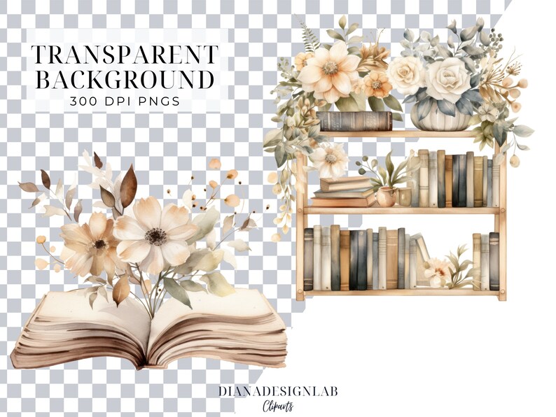 May include: A watercolor illustration of a bookshelf with books and flowers. The bookshelf is made of wood and has two shelves. The books are stacked on the shelves and are of different sizes and colors. The flowers are in a vase on the top shelf and are of different colors and types. The illustration is on a transparent background.