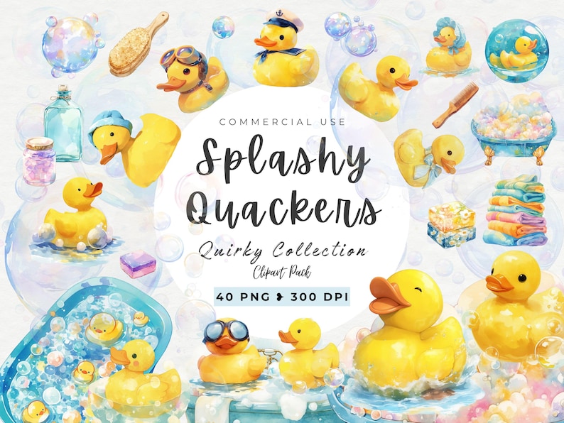 Puede incluir: Un conjunto de 40 im&aacute;genes de clipart digitales que presentan patos de goma amarillos en varias poses, incluyendo un pato con un sombrero de marinero, un pato con una corona y un pato con gafas de sol. El clipart es perfecto para agregar un toque juguet&oacute;n a tus dise&ntilde;os.