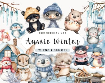 Aussie Christmas Clipart, Cute Winter, Aussie Baby Animals Png, Australian Xmas, Koala, Baby Shower, Kangaroo, Watercolor, Commercial Use