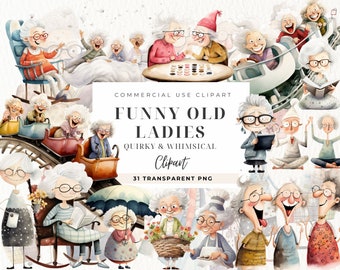 Lustige alte Damen Clipart, Frauen Clip Art, kommerzielle Nutzung, Aquarell Cartoon Oma, Junk Journaling, Frauen tanzen, Omas Png