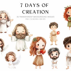 May include: Watercolor illustrations of characters from the Bible, including God, Jesus, angels, Adam, and Eve. The image includes the text "7 Days of Creation" and details about the images, such as "35 transparent background images" and "12 inches".