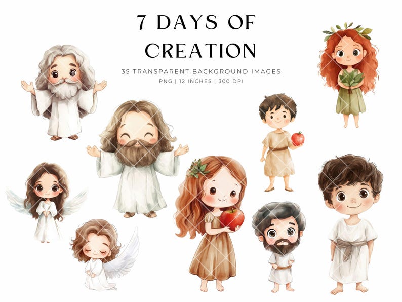 May include: Watercolor illustrations of characters from the Bible, including God, Jesus, angels, Adam, and Eve. The image includes the text "7 Days of Creation" and details about the images, such as "35 transparent background images" and "12 inches".