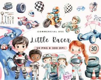 Clipart de carro de corrida em aquarela, carros fofos, pequeno piloto, aniversário infantil, carros de corrida, carro antigo, imprimíveis, corrida, arte de berçário, uso comercial