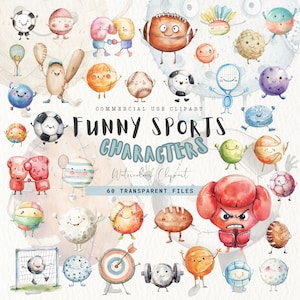 Funny Sports Characters Clipart, Doodle Balls, Soccer, Golf, Hockey, Baseball, Basketball, Volleyball, Boxing, Rugby, Quirky, Commercial Use