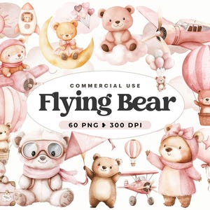 Aviator Bär Clipart, Rosa Traveller Bär, Reise, Aquarell Ballon, Fallschirm, Himmel, Kinderzimmer Dekoration, Babyparty, Geburtstag, kommerzielle Nutzung