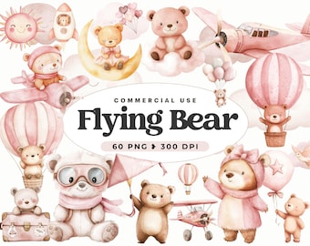 Aviator Bär Clipart, Rosa Traveller Bär, Reise, Aquarell Ballon, Fallschirm, Himmel, Kinderzimmer Dekoration, Babyparty, Geburtstag, kommerzielle Nutzung