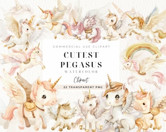 Watercolor Pegasus Clipart, Baby Shower, Unicorn PNG, Commercial Use, Nursery Decor, Magic Fantasy, Kingdom Clipart, Ivory and Gold