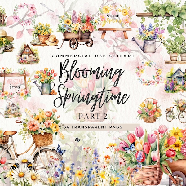 Watercolor Spring Floral Clipart, Tulips Flowers Basket, Gardner, Cottagecore Floral, Countryside, Floral Wreath, Sakura Clip Art, Wedding