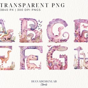 May include: A set of 8 watercolor alphabet letters, A, B, C, D, E, F, G, and H, with dinosaurs and floral elements in shades of pink, purple, and green. The letters are 3840x3840 pixels and 300 DPI.