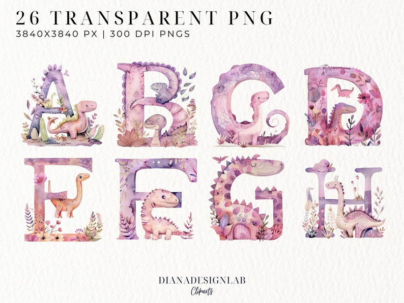 May include: A set of 8 watercolor alphabet letters, A, B, C, D, E, F, G, and H, with dinosaurs and floral elements in shades of pink, purple, and green. The letters are 3840x3840 pixels and 300 DPI.