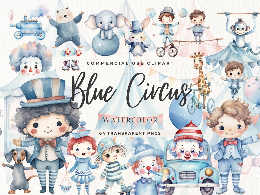 Blue Circus Watercolor Clipart, Nursery Decor, Baby Shower, Cute ...