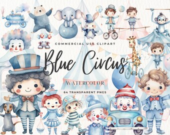 Blue Circus Watercolor Clipart, Nursery Decor, Baby Shower, Cute Animals Candy Color, Nursery, Circus Party Tent, Carnival, Carousel
