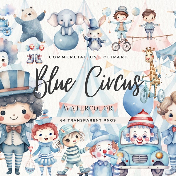 Blue Circus Watercolor Clipart, Nursery Decor, Baby Shower, Cute Animals Candy Color, Nursery, Circus Party Tent, Carnival, Carousel