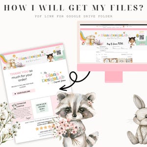 May include: A pink and white digital download page with a raccoon holding flowers and the text "How I will get my files?" and "PDF link for Google Drive folder".