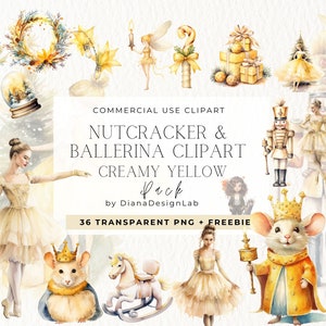 Clipart de Natal quebra-nozes, PNG de Natal em aquarela amarela, Natal dourado, Árvore de Natal, Bailarina, Rei do Rato, Fada, Balé de Natal