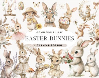 Whimsical Easter Bunny Clipart, Card Making, Adorable Bunny Rabbit, Cottagecore, Boho Spring, Junk Journal, Birthday Party, Baby Shower