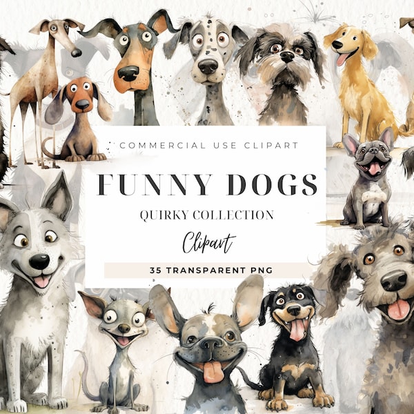 Quirky Dog Clipart, Whimsical Dogs Clip art, Kawaii Dog, Quirky Dog Digital, Cute Dog Portraits, Commercial Use, Planner Clipart, Funny Dogs