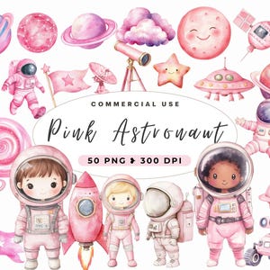Clipart astronaute rose, espace extra-atmosphérique, fille de l'espace, fusée et planètes, lune et étoiles, voyage dans l'espace, astronaute mignon Png, décoration de chambre d'enfant