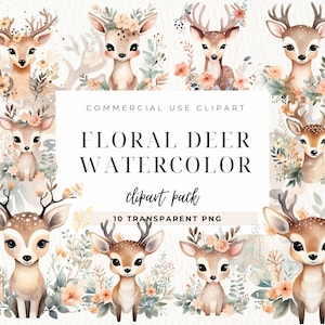 Feestelijke herten clipart, aquarel kerst bloemen herten clipart, kaart maken, wintervakantie, commercieel gebruik, winter dieren PNG
