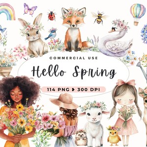 Hello Spring Clipart, Watercolor Garden, Farmhouse Spring Clip art, Welcome Spring, Scrapbooking, Cottagecore, Woodland Floral, Colourful