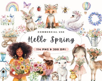 Hello Spring Clipart, Watercolor Garden, Farmhouse Spring Clip art, Welcome Spring, Scrapbooking, Cottagecore, Woodland Floral, Colourful