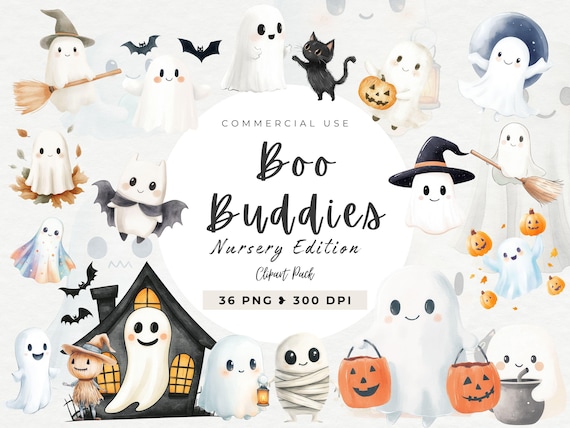 Cute Ghost Watercolor Clipart, Cute Halloween, Instant Download, Kids Halloween, Commercial Use, Spooky Clipart, Cute Ghosts, Nursery