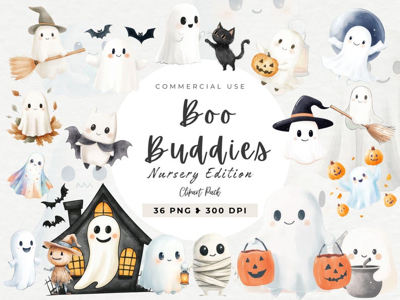 May include: A set of 36 watercolour clipart images featuring cute ghosts, pumpkins, and other Halloween-themed elements. The images are perfect for creating digital or printed designs for cards, invitations, party decorations, and more. The clipart is labelled "Boo Buddies Nursery Edition Clipart Pack" and includes the text "36 PNG - 300 DPI".
