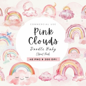 Baby Rosa Wolken Clipart, Babyparty, Regenbogen Png, Doodle Babywolken, Rosa Mädchen, Kawaii Clipart, kleine Sterne, Liebe Regen, kommerzielle Nutzung