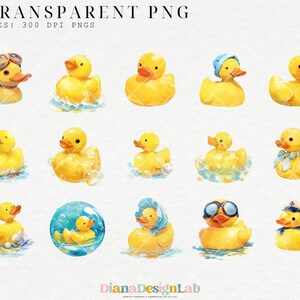Puede incluir: Un conjunto de 40 im&aacute;genes digitales de clipart de patos de goma amarillos en varias poses. Los patos son de estilo de dibujos animados y tienen diferentes expresiones en sus caras. Algunos patos llevan sombreros o gafas de sol. Los patos est&aacute;n todos sobre un fondo blanco.