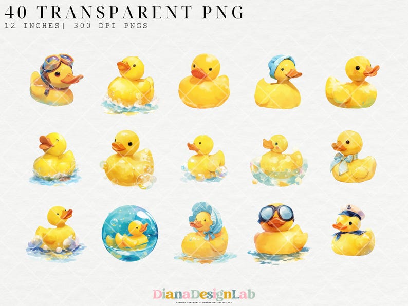 Puede incluir: Un conjunto de 40 im&aacute;genes digitales de clipart de patos de goma amarillos en varias poses. Los patos son de estilo de dibujos animados y tienen diferentes expresiones en sus caras. Algunos patos llevan sombreros o gafas de sol. Los patos est&aacute;n todos sobre un fondo blanco.